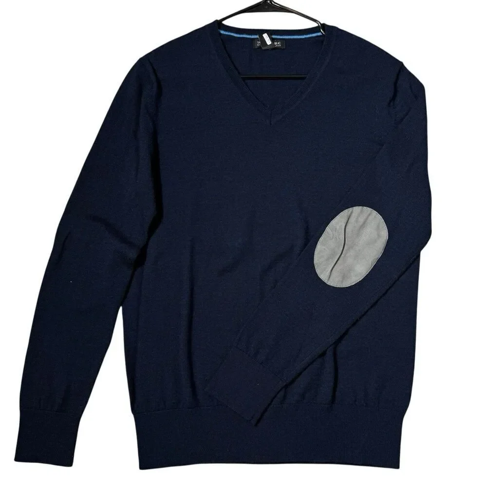 Banana Republic Merino Wool Elbow Patch Sweater Mens Large Navy Preppy Old Money